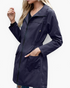 Beach Rose Co. navy blue waterproof hooded rain jacket with a zip front, drawstring hood, and gathered waist.