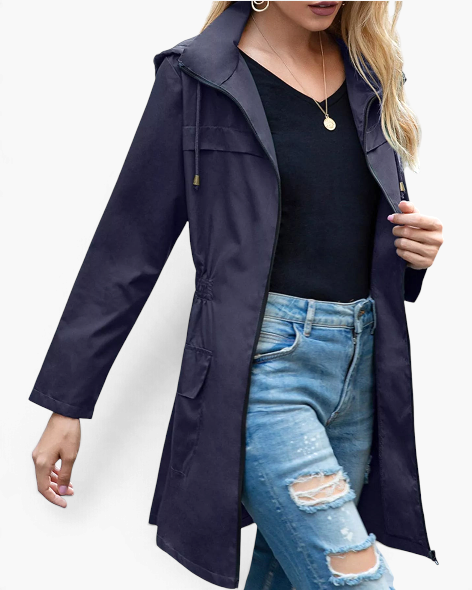 Beach Rose Co. navy waterproof hooded rain jacket with zip front, drawstring hood, and gathered waist on a model