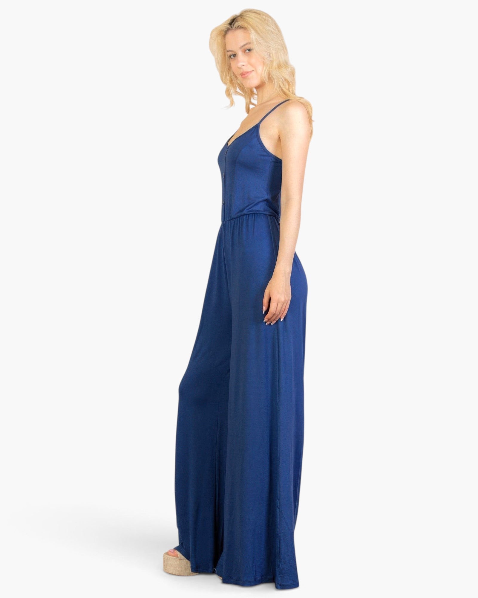 Beach Rose Co. navy blue wide-leg jumpsuit in soft stretch jersey with button-front detail worn by a blonde model