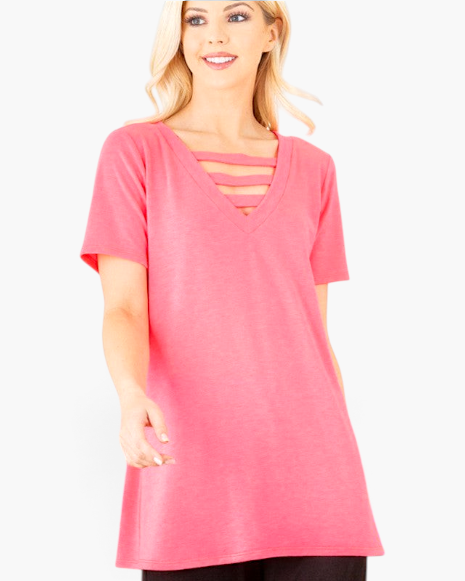 Beach Rose Co. neon pink V-neck tunic top with strappy neckline detail worn by a blonde model on a white background