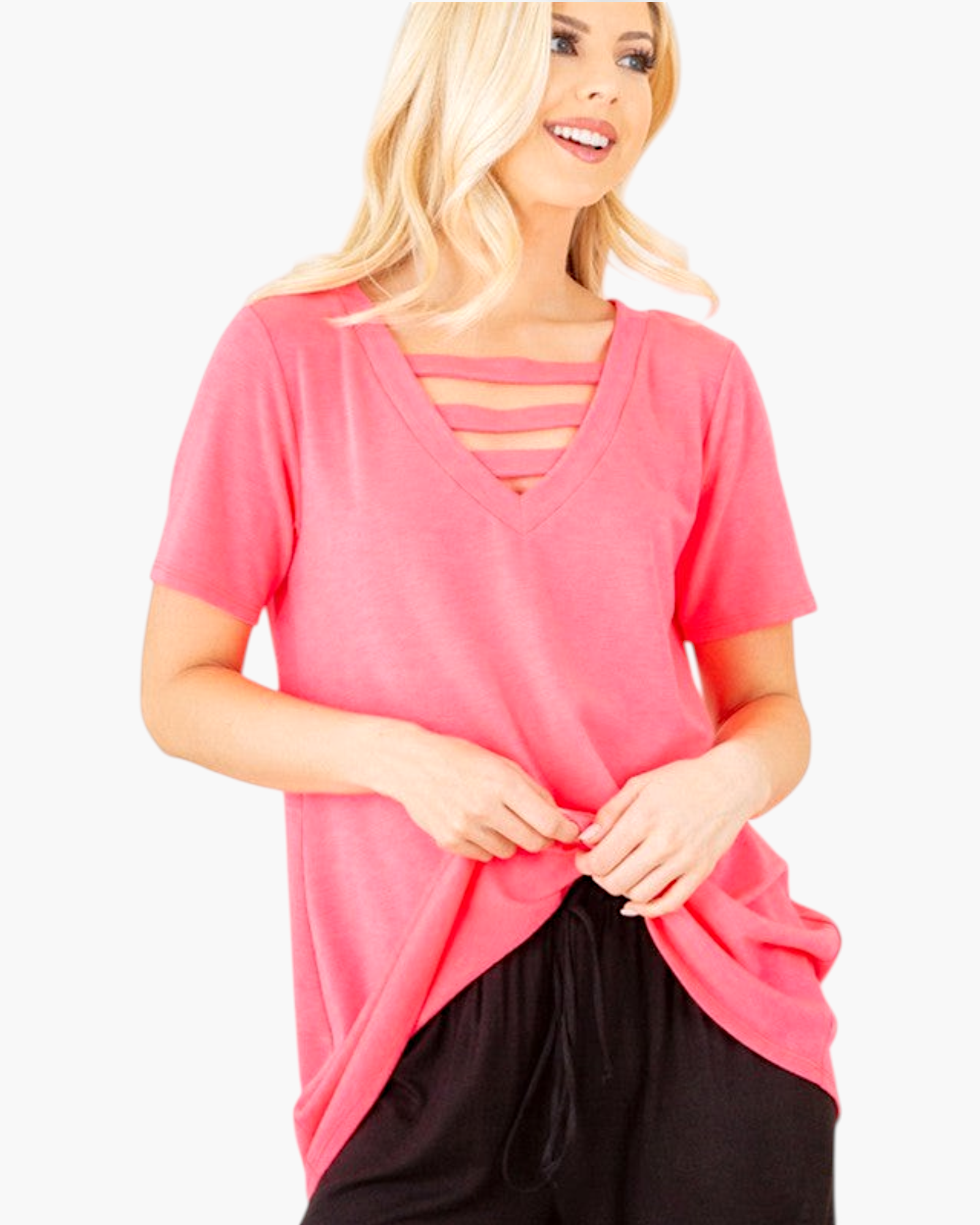Beach Rose Co. neon pink V-neck tunic top with strappy neckline detail on a blonde model
