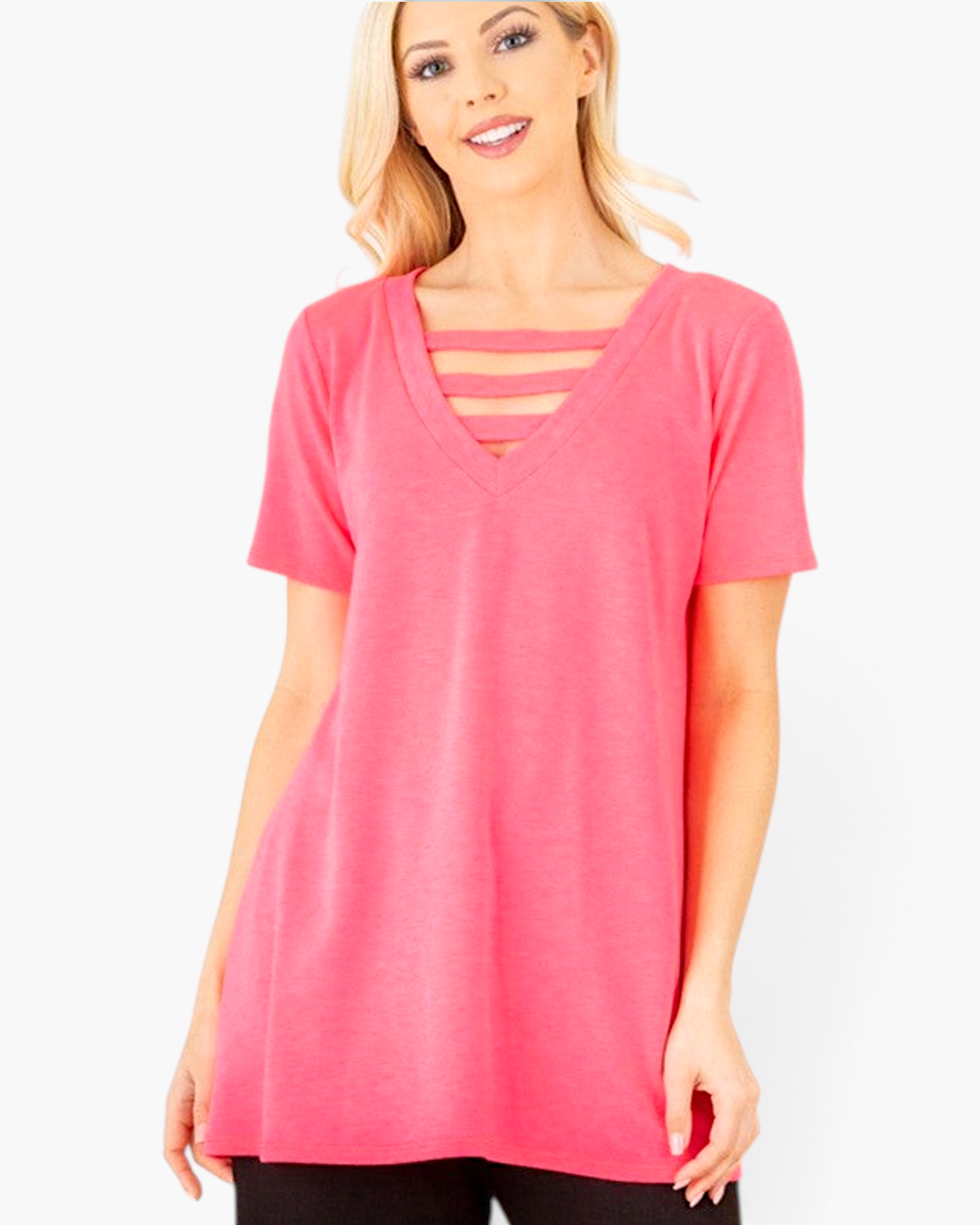 Beach Rose Co. neon pink tunic top with a V-neckline and strappy detail worn by a blonde model