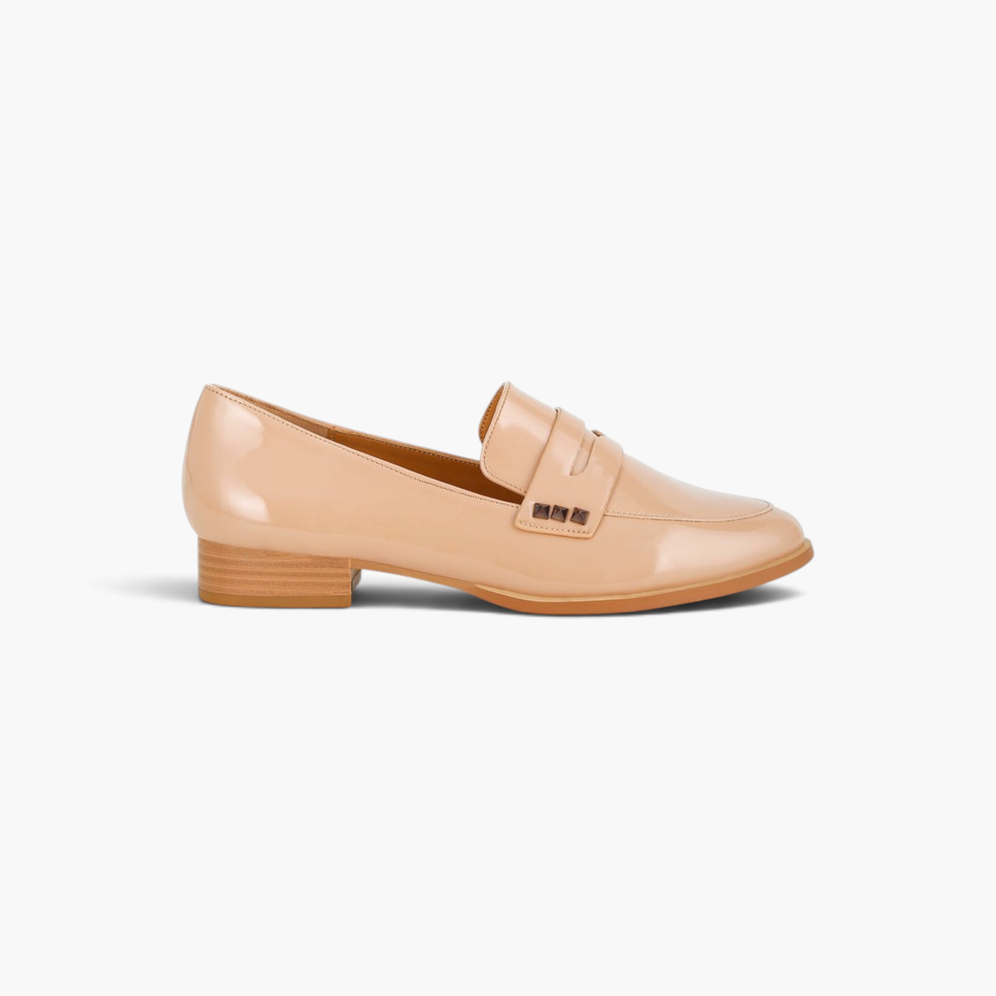 Beach Rose Co. nude patent pleather penny loafers with stud accents on the strap and a low block heel