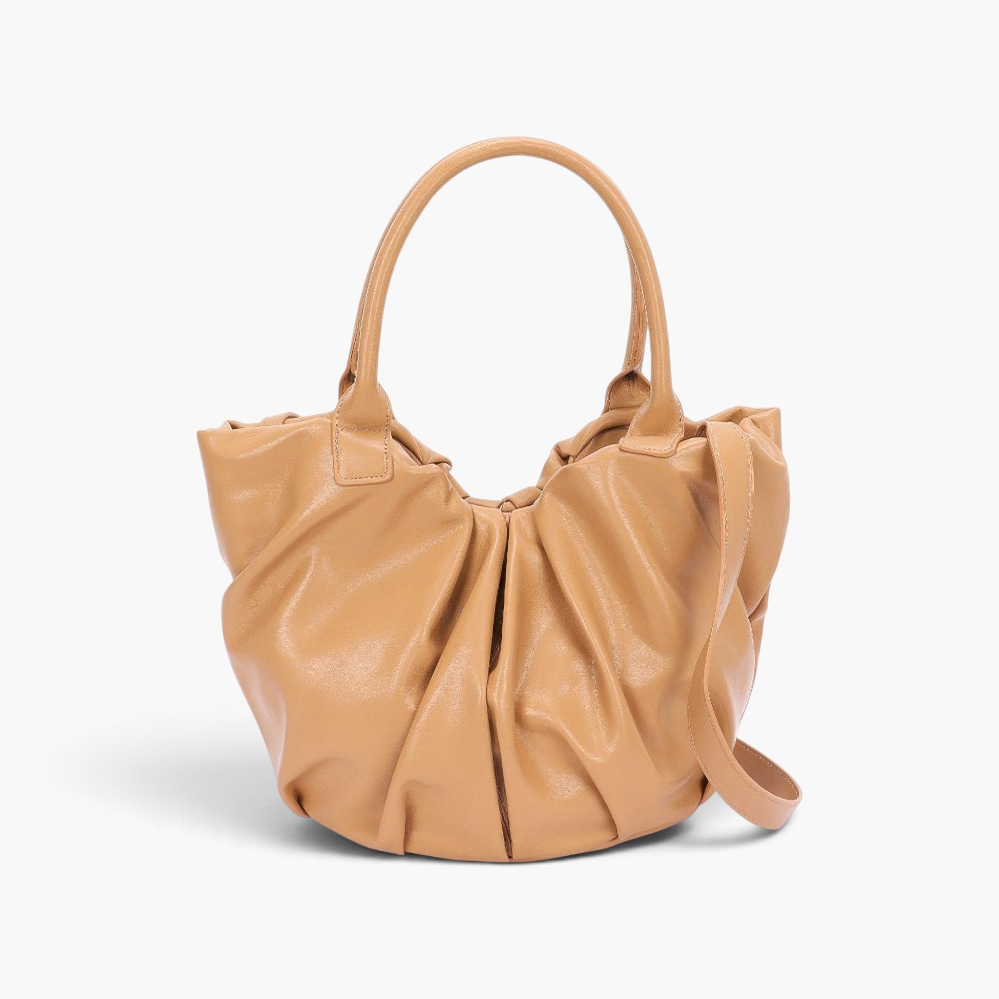 Beach Rose Co. nude faux leather tote bag with stylish ruched detailing and sturdy handles on a white background