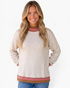 Beach Rose Co. oatmeal textured sweatshirt with a mock neck, pink and brown striped trim, and relaxed dropped shoulders.