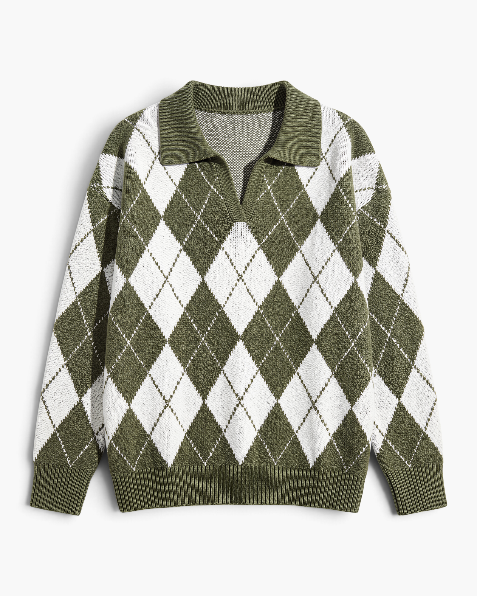 Beach Rose Co. olive green and white argyle V-neck sweater with a fold-over collar and relaxed fit.