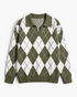 Beach Rose Co. olive green and white argyle V-neck sweater with a fold-over collar and relaxed fit.