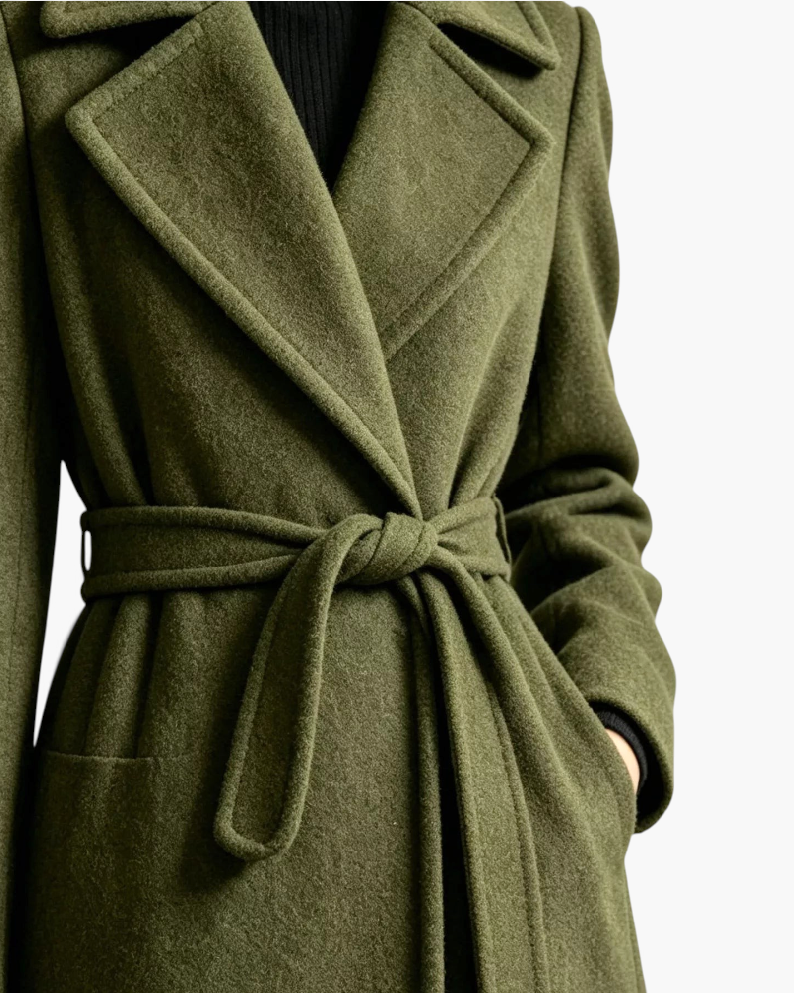 Beach Rose Co. olive wrap coat featuring wide notched lapels and a matching tie belt in a soft polyester fabric