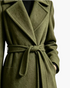 Beach Rose Co. olive wrap coat featuring wide notched lapels and a matching tie belt in a soft polyester fabric
