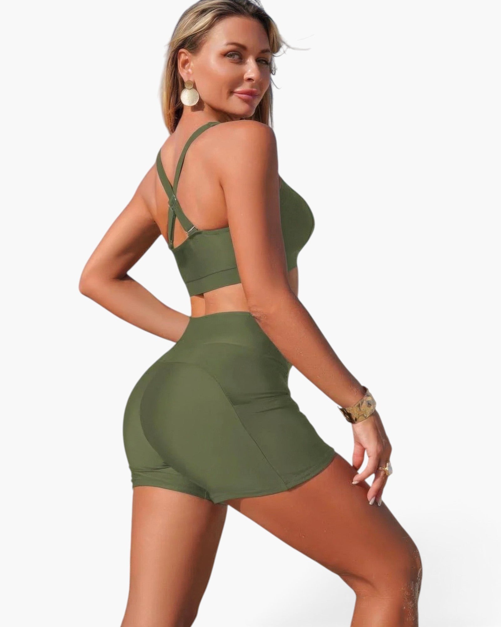 Beach Rose Co. olive green two-piece bikini with crisscross back straps and tummy control shorts on a model.