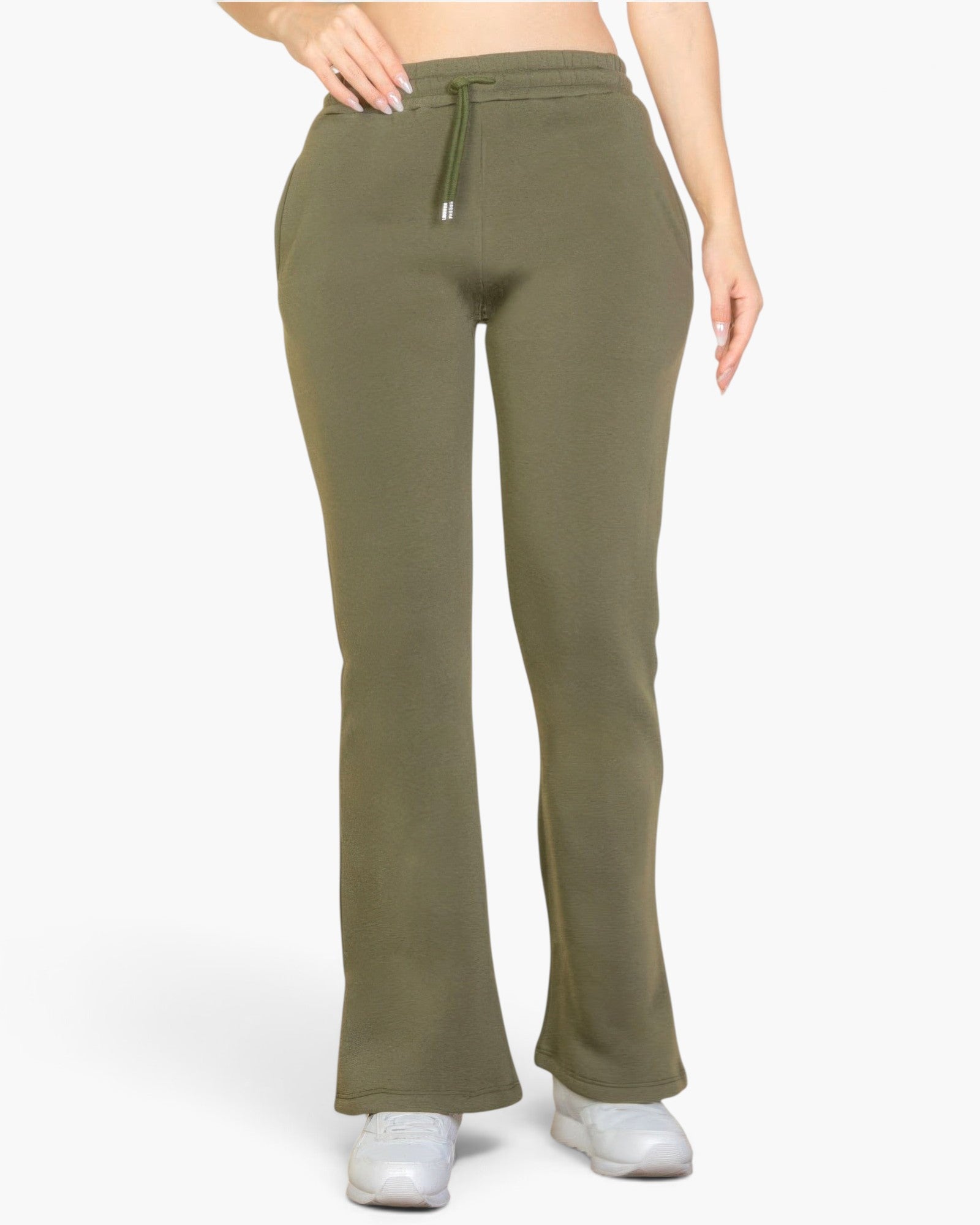 Beach Rose Co. olive green bootcut sweatpants with a drawstring waist and slant pockets on a model