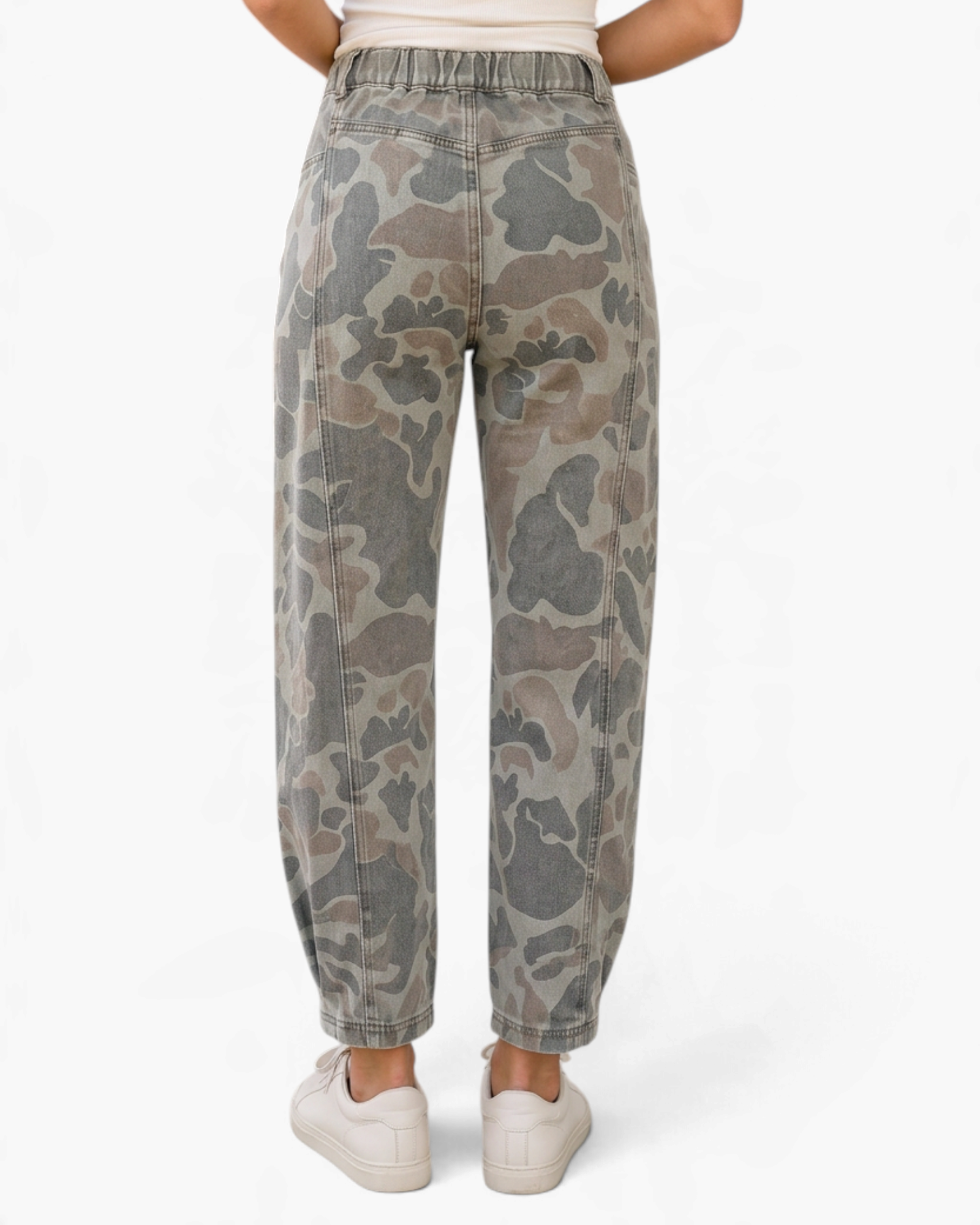 Beach Rose Co. olive camouflage cropped utility pants with an elastic back waistband, viewed from the back.