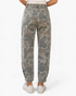 Beach Rose Co. olive camouflage cropped utility pants with an elastic back waistband, viewed from the back.