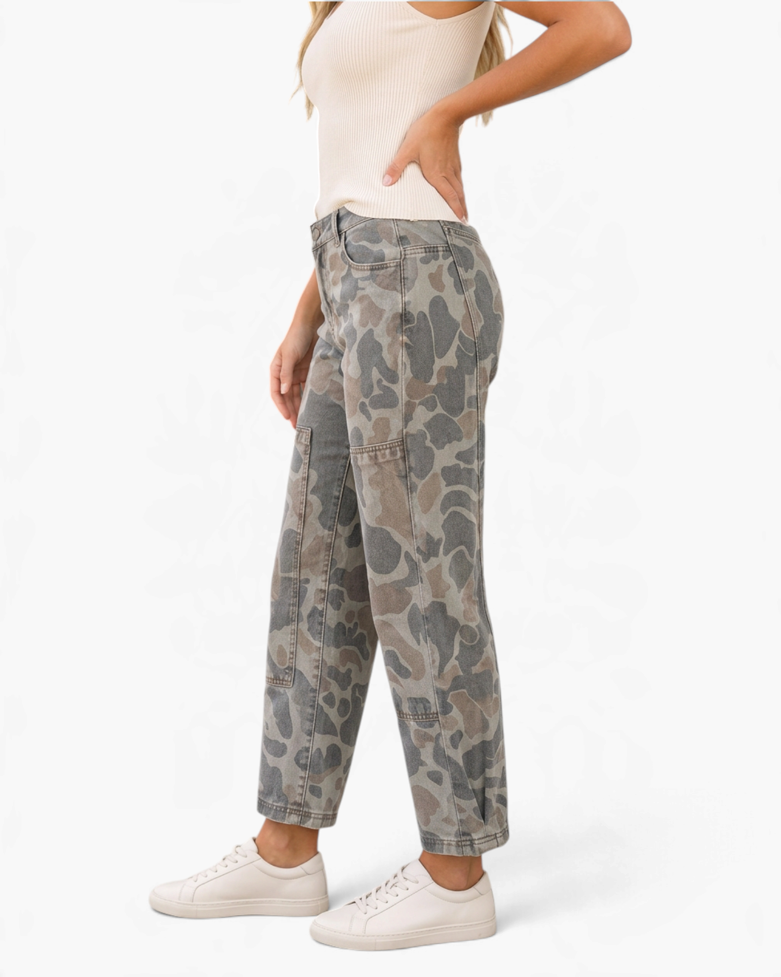 Beach Rose Co. olive camouflage cropped utility pants with stitched knee panels worn by a model in a side profile view.