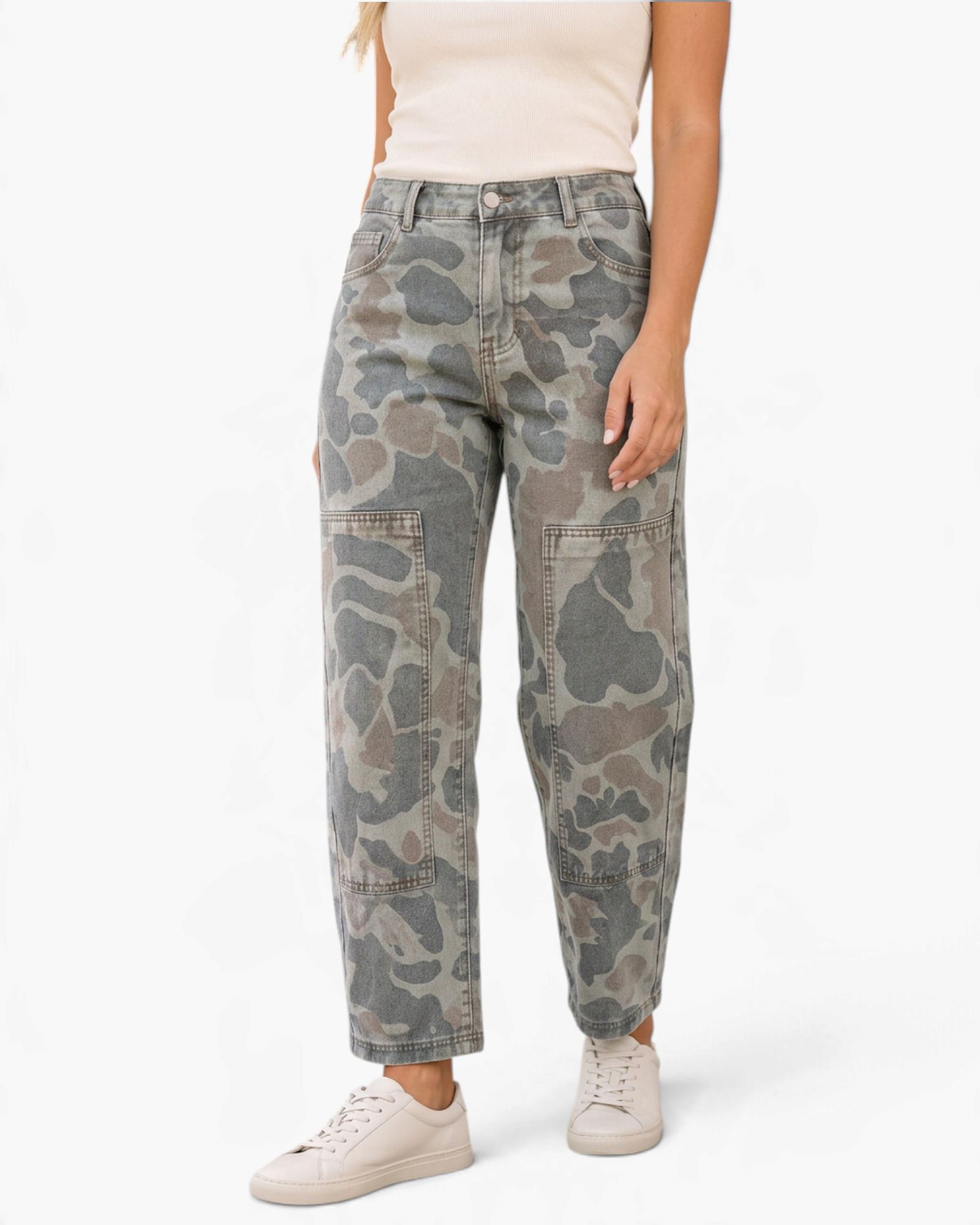 Beach Rose Co. olive camouflage cropped utility pants with stitched knee panels and elastic back waistband