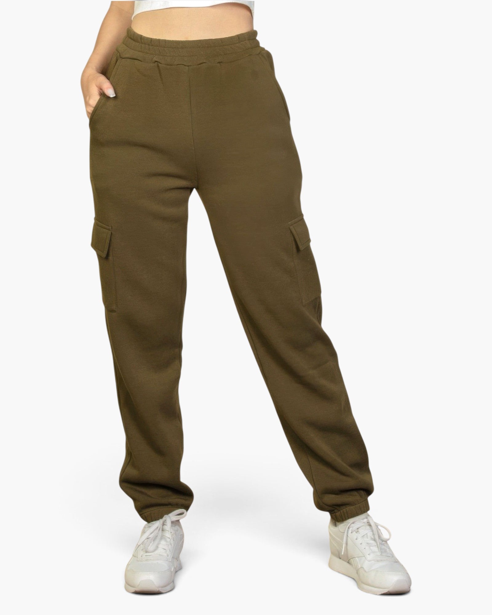 Beach Rose Co. olive green cargo sweatpants with side pockets, drawstring waist, and elastic cuffs on a model.