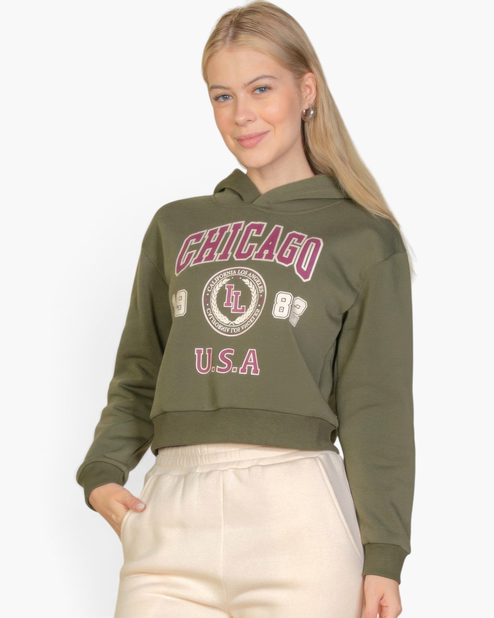 Beach Rose Co. olive green drop shoulder pullover hoodie with Chicago graphic print worn by a blonde model.