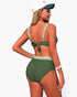 Beach Rose Co. two-piece colorblock bikini in olive green with a back knot detail worn by a woman in a baseball cap.