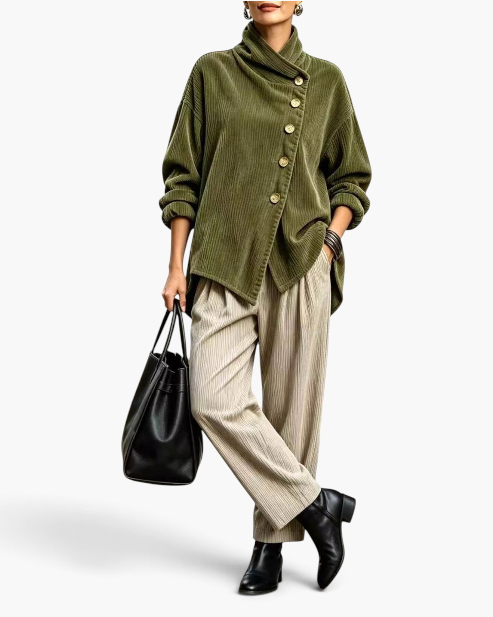 Beach Rose Co. olive green corduroy jacket with asymmetrical buttons and foldover collar worn with beige trousers.