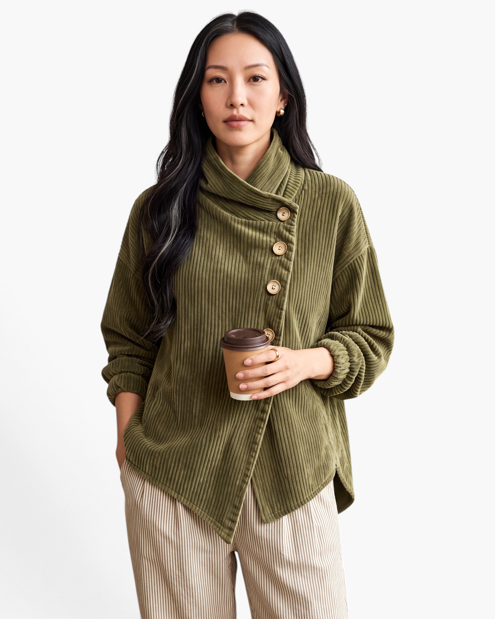 Beach Rose Co. olive green corduroy jacket with an asymmetrical button front and foldover collar on a woman.
