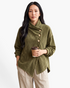 Beach Rose Co. olive green corduroy jacket with an asymmetrical button front and foldover collar on a woman.