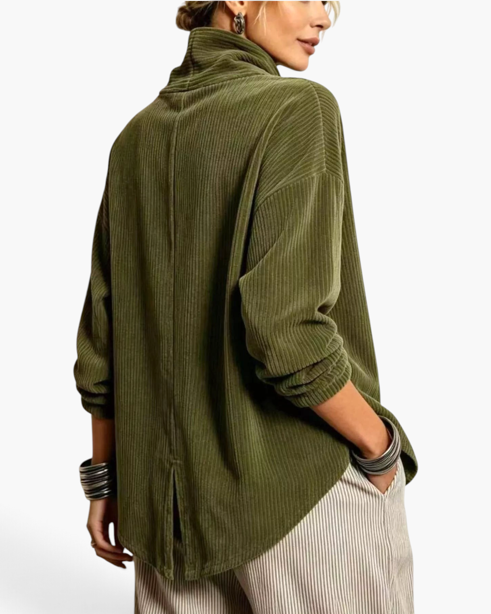 Beach Rose Co. olive green corduroy jacket with a foldover collar, dropped shoulders, and a back hem vent.