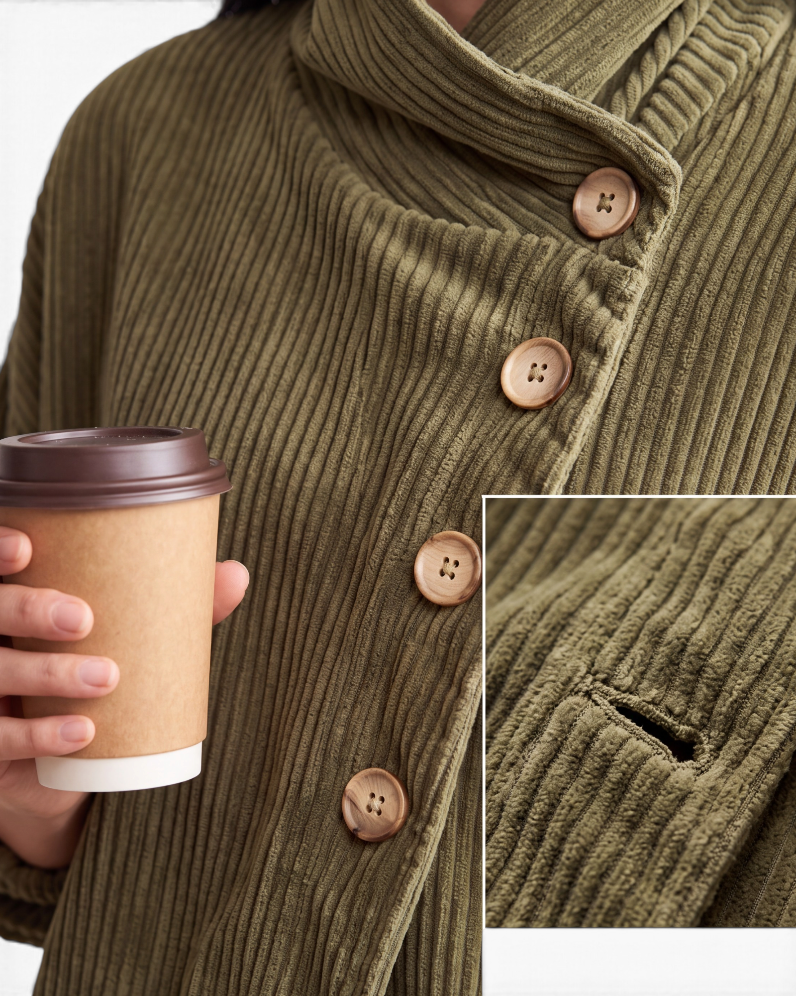 Beach Rose Co. olive green corduroy jacket with an asymmetrical button front and wide foldover collar