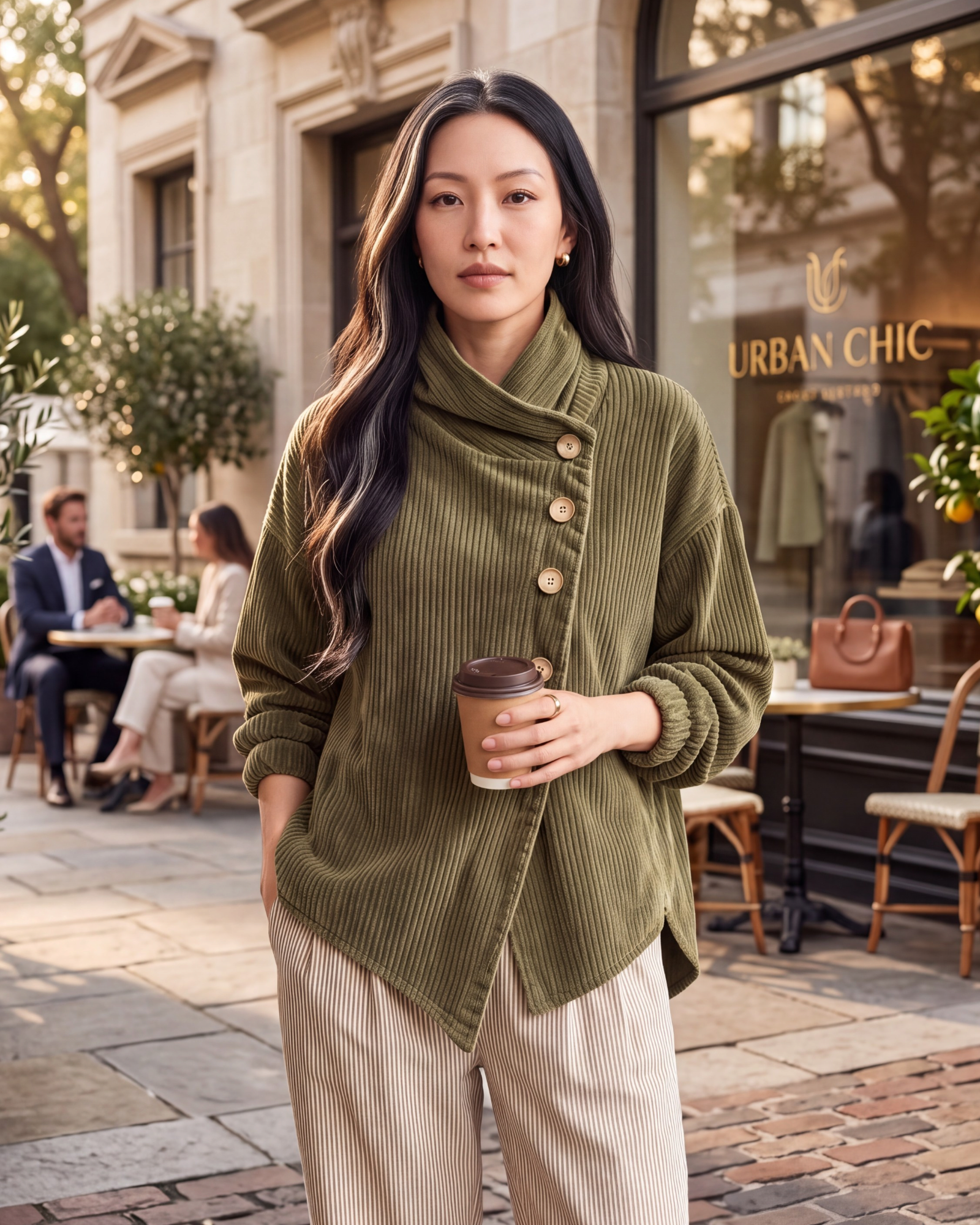 Beach Rose Co. olive green corduroy jacket with asymmetrical buttons and foldover collar worn by a woman outdoors.