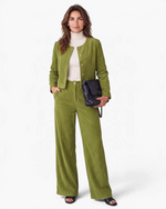 Beach Rose Co. olive green corduroy two-piece set with a button-front jacket and wide-leg pants on a female model.