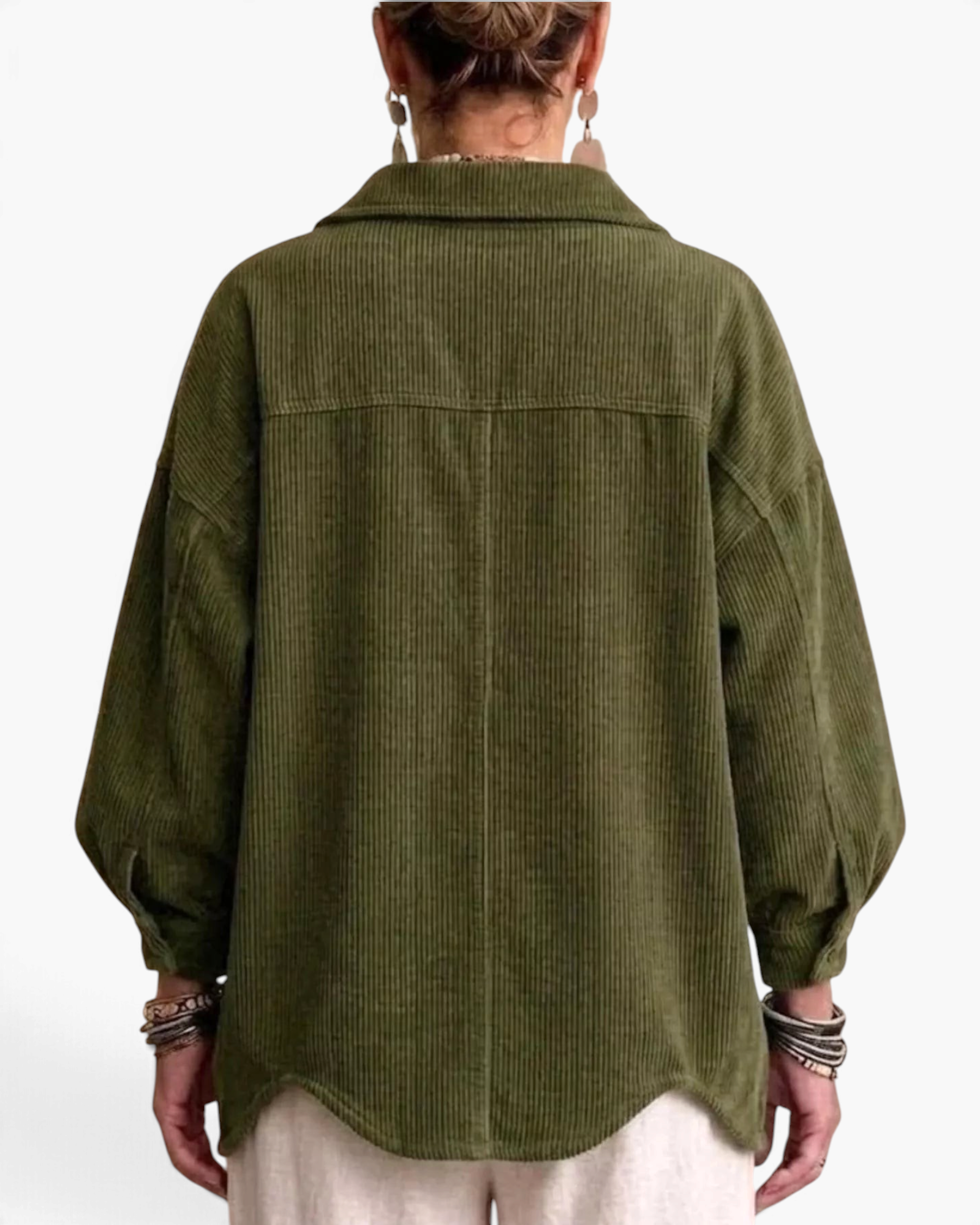 Back view of Beach Rose Co. olive green corduroy shacket with balloon sleeves, dropped shoulders, and curved hem.