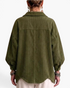 Back view of Beach Rose Co. olive green corduroy shacket with balloon sleeves, dropped shoulders, and curved hem.