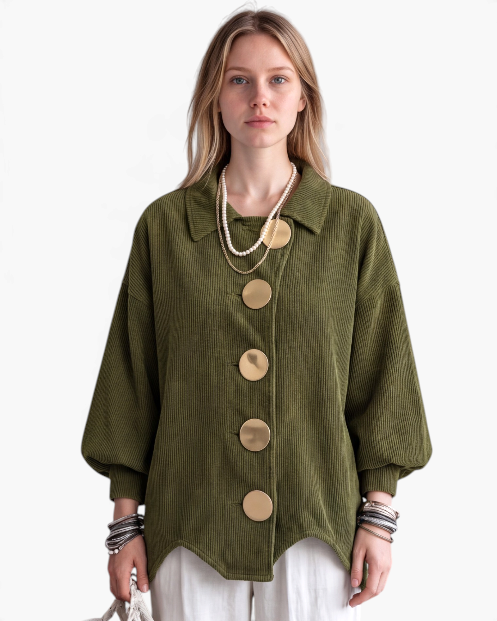 Beach Rose Co. olive green corduroy shacket with oversized gold buttons, balloon sleeves, and a curved hem.