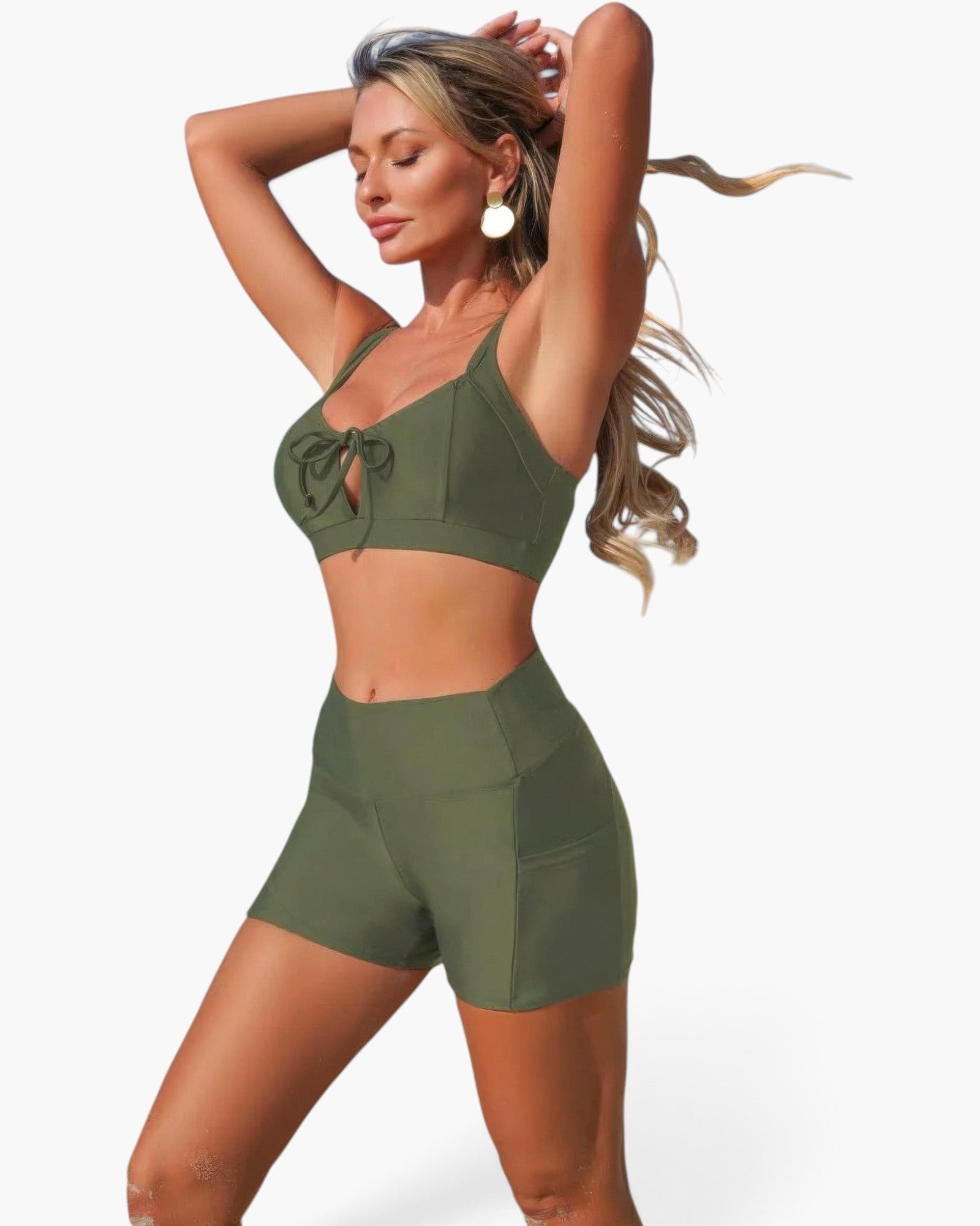 Beach Rose Co. olive green two-piece bikini with a crisscross tie front top and high-waisted tummy control shorts.