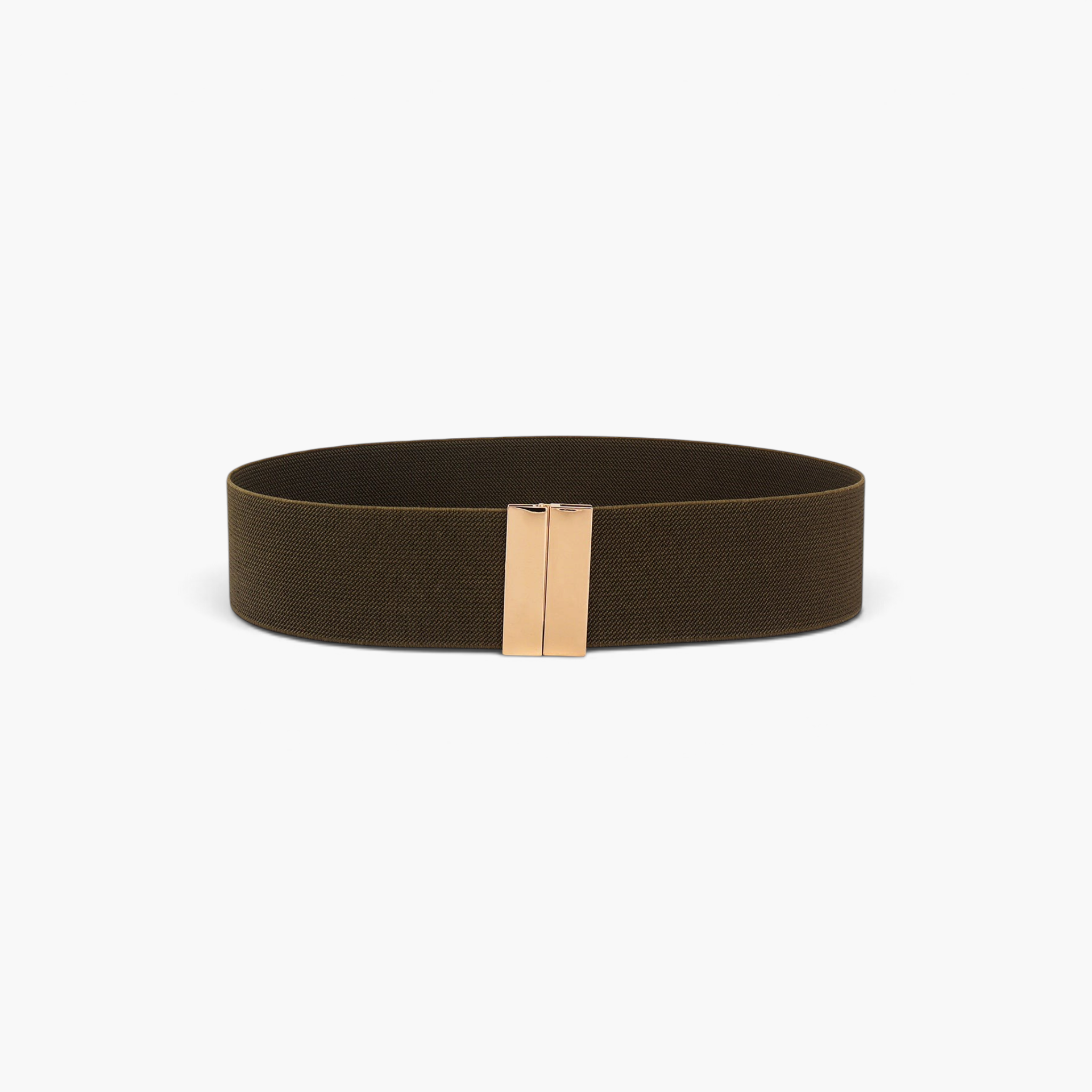 Beach Rose Co. wide olive green elastic waist belt with a sleek rectangular gold alloy clasp