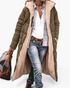 Beach Rose Co. olive green longline quilted coat with plush fleece lining, hood, and front zip, worn over jeans.