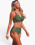 Beach Rose Co. olive green two-piece bikini with V-neck top and high-waisted bottoms featuring cross-side detailing.