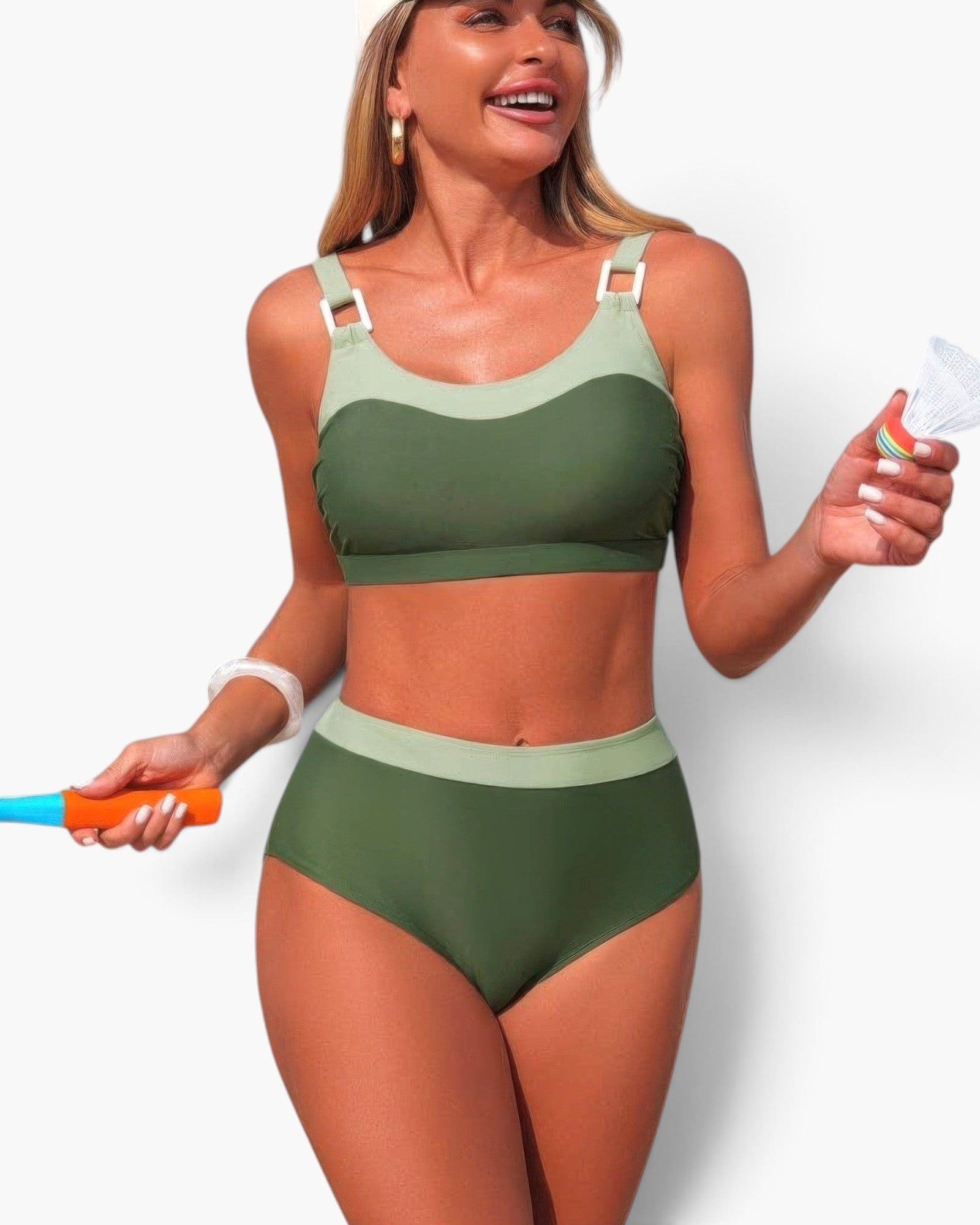 Beach Rose Co. two-piece olive green colorblock bikini with a sleeveless top and high-waisted bottoms on a model.