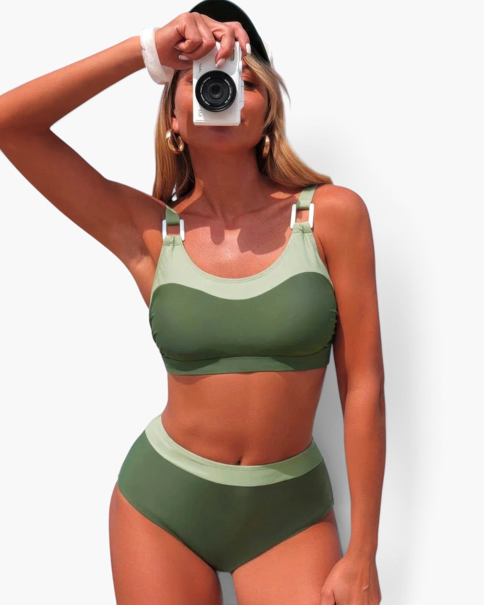 Beach Rose Co. two-piece colorblock bikini in olive green with a sleeveless top and back knot detail on a model
