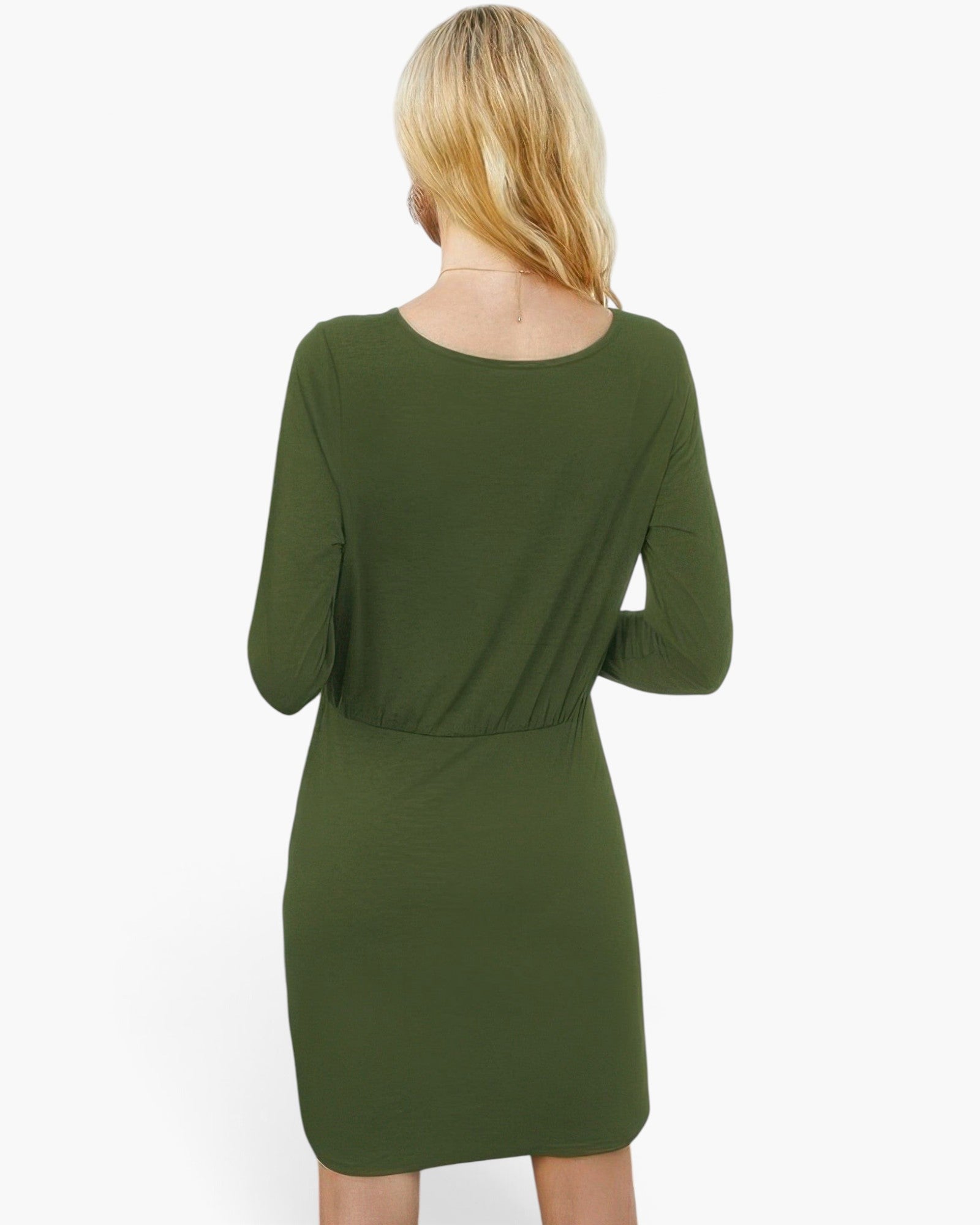 Back view of a Beach Rose Co. olive green crew neck long sleeve dress with a high waist drawstring detail