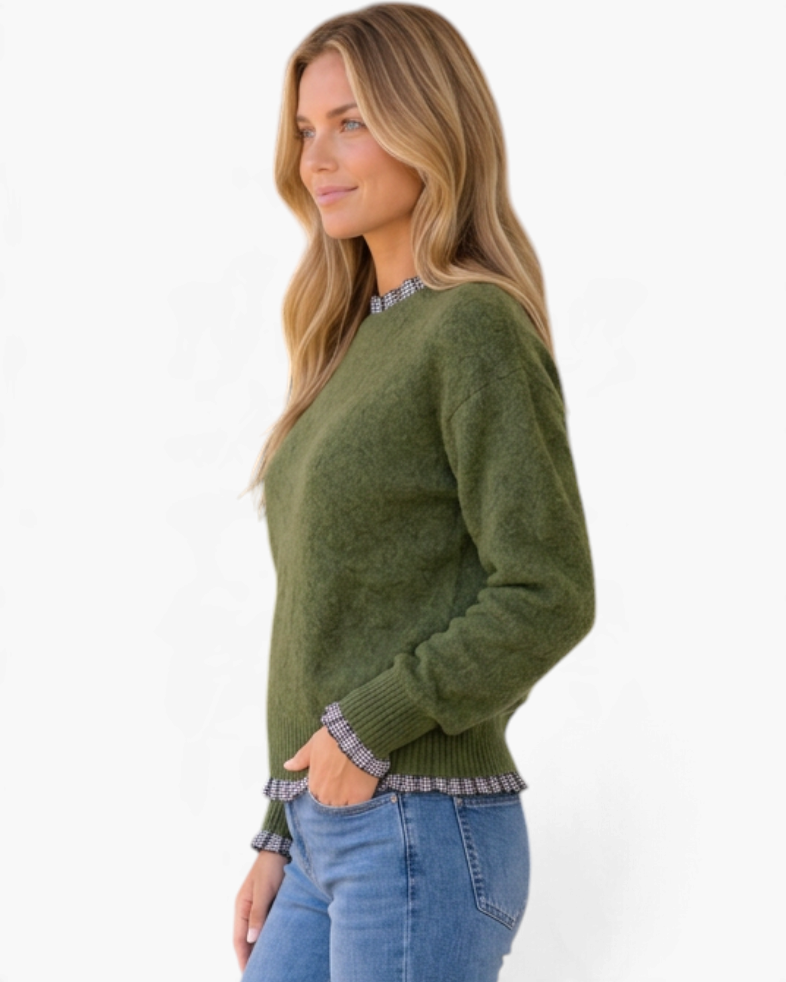 Beach Rose Co. olive green knit sweater featuring a gingham ruffle trim at the neckline, cuffs, and hem.