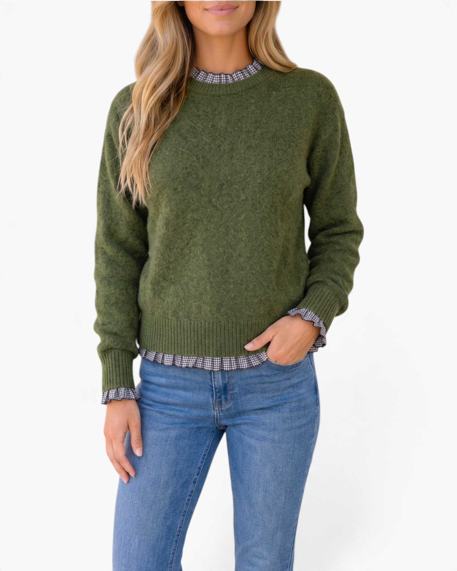 Beach Rose Co. olive green knit sweater with gingham ruffle trim at the neckline, cuffs, and hem worn with blue jeans