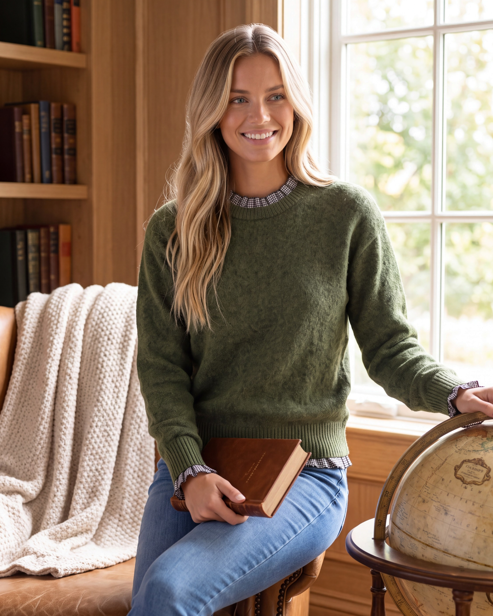 Beach Rose Co. olive green textured knit sweater with gingham ruffle trim at the neckline and cuffs on a smiling model