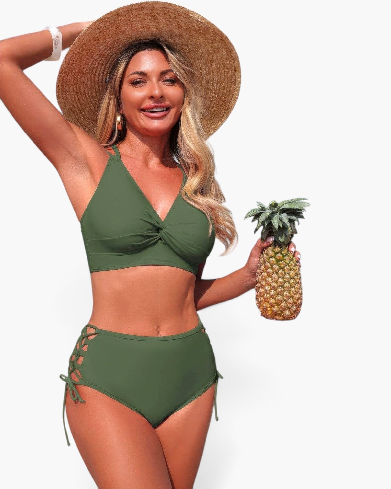 Beach Rose Co. olive green two-piece bikini with V-neck top and high-waisted bottoms featuring cross-side detailing.