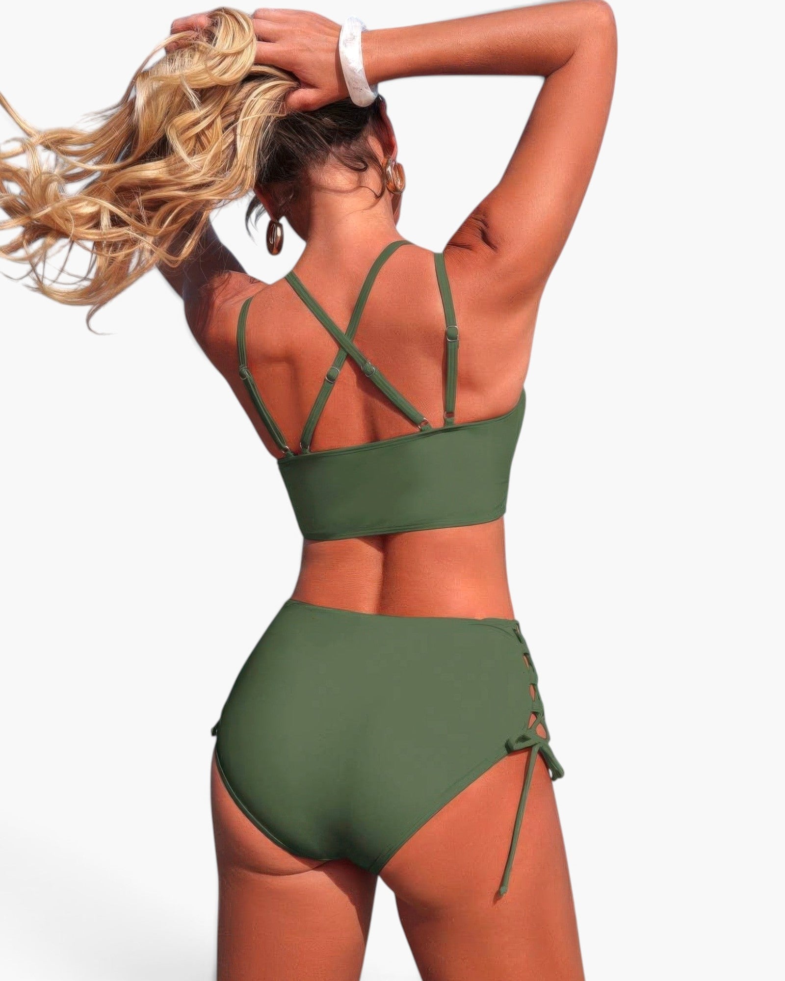 Beach Rose Co. olive green two-piece bikini with high-waisted bottoms, cross-side ties, and a V-neck top