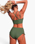 Beach Rose Co. olive green two-piece bikini with high-waisted bottoms, cross-side ties, and a V-neck top
