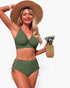 Beach Rose Co. olive green two-piece bikini with V-neck top and high-waisted bottoms featuring cross-side detailing.