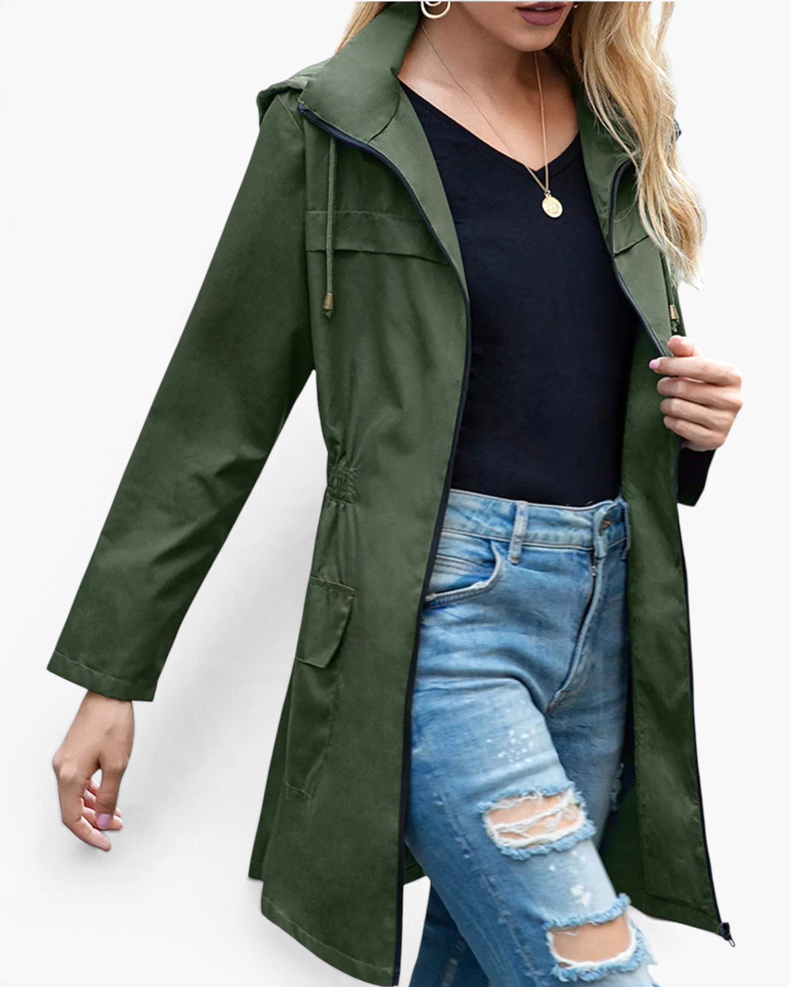 Beach Rose Co. olive green waterproof hooded rain jacket with a zip front, drawstring hood, and gathered waist.