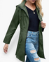 Beach Rose Co. olive green waterproof hooded rain jacket with a zip front, drawstring hood, and gathered waist.
