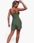 Beach Rose Co. olive green two-piece bikini set with a ruched tank top and matching shorts, worn by a woman from behind
