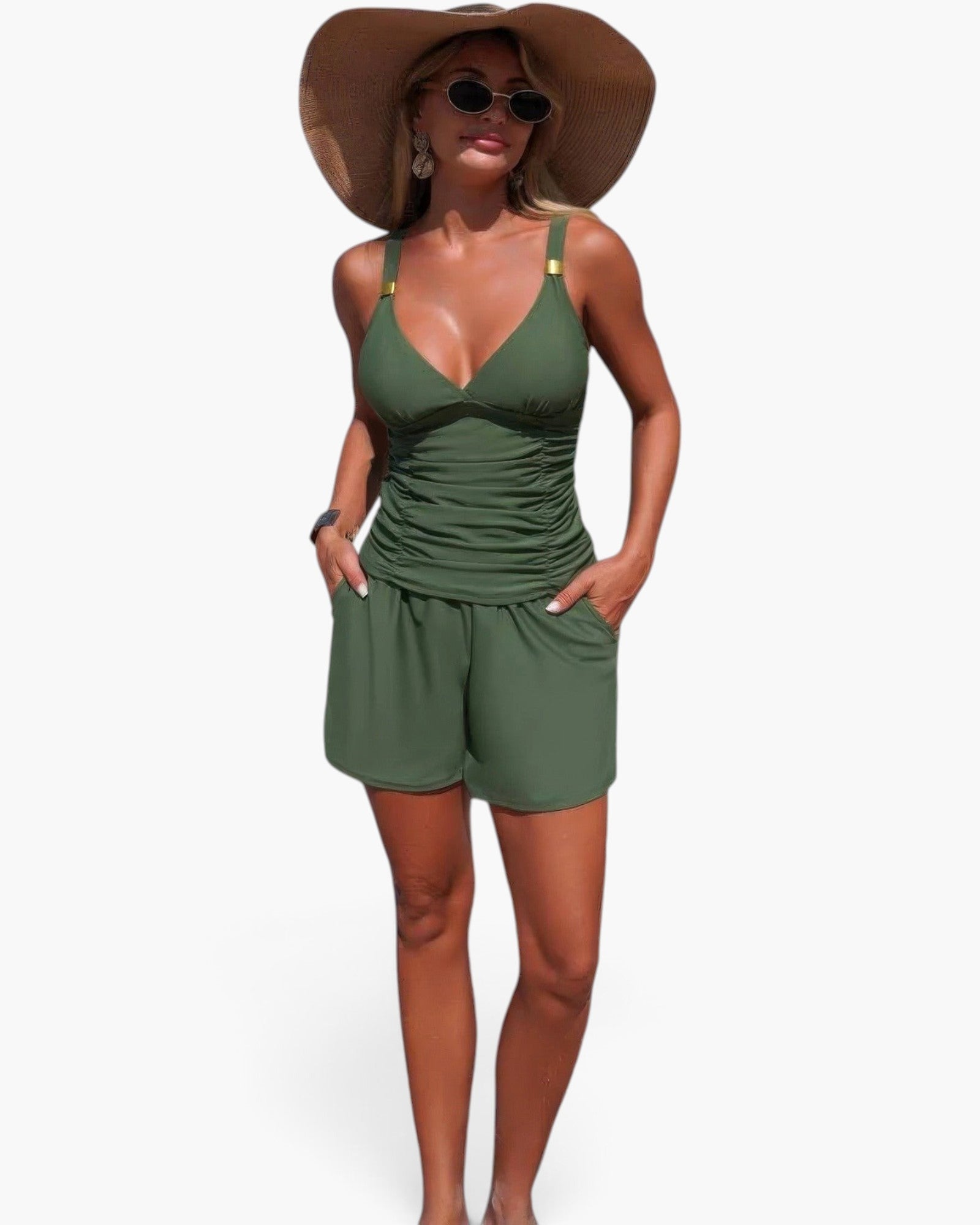 Beach Rose Co. olive green two-piece bikini with ruched V-neck tank top and matching shorts with pockets